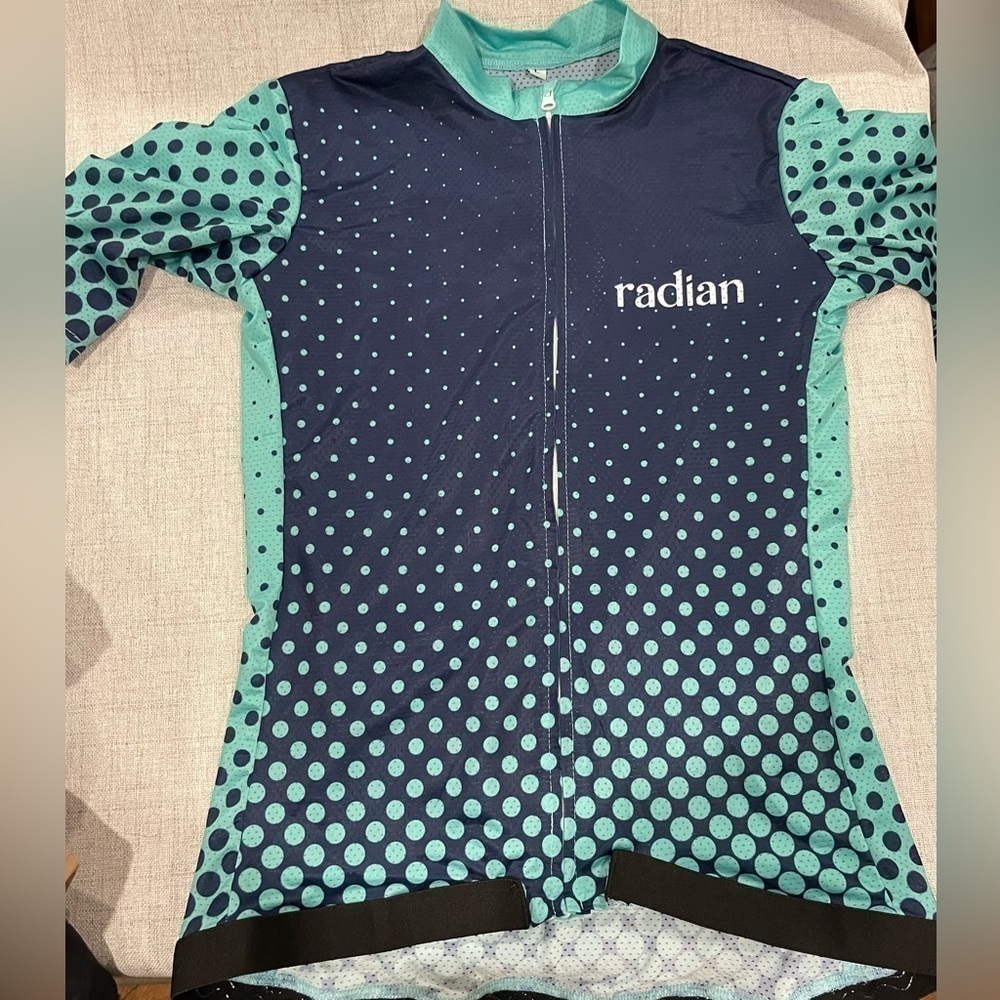 Women’s cycling jersey blue & aqua green polka dot short sleeve. “Radian” Large